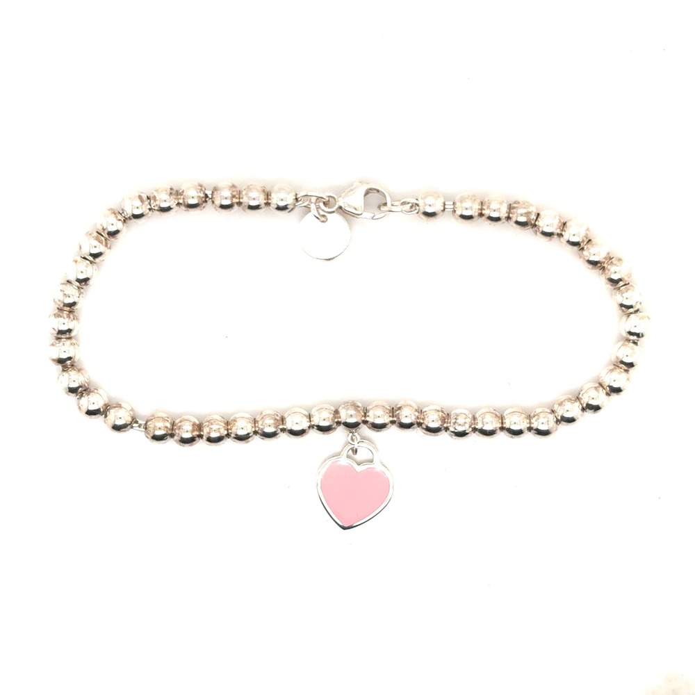 Tiffany & Co Return to Tiffany Pink Heart Bead Bracelet Sterling Silver 6.75in